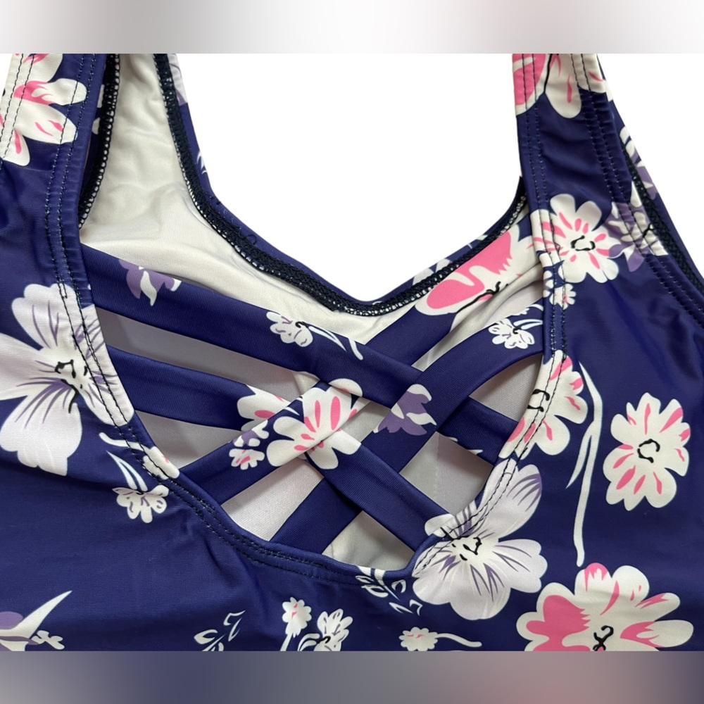 Women’s One Piece Swimsuit, Navy Color with Flower Print, Size S (2-4) - Picture 3 of 5